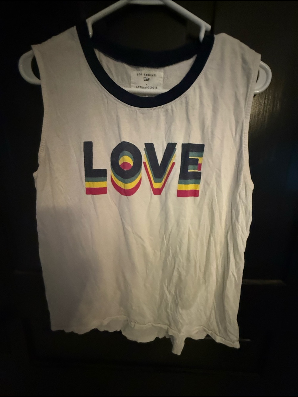 Anthropologie White Tank Top with Navy Trim and Multicolor LOVE Graphic